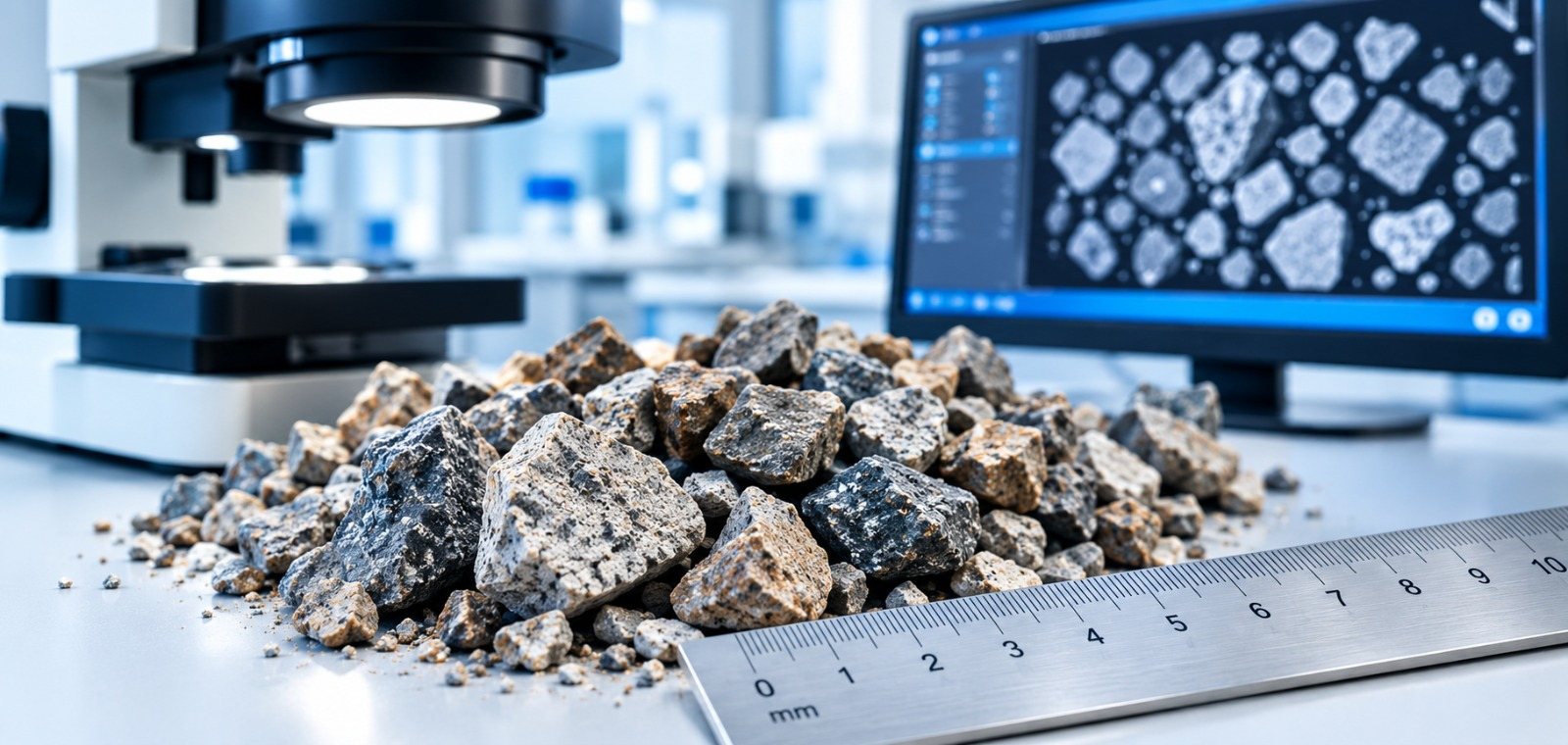 Gravier concassé posé sur une paillasse, entre un microscope et un écran
              affichant des grains segmentés, le long d'un réglet millimétré en acier.